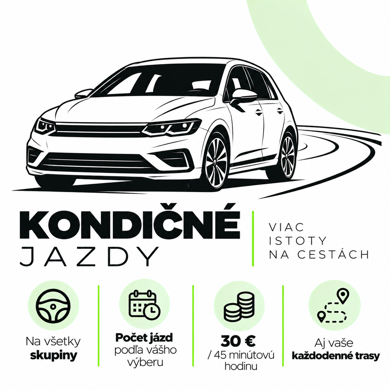 Kondičné jazdy. Viac istoty na cestách. 30 € za 45 minút.