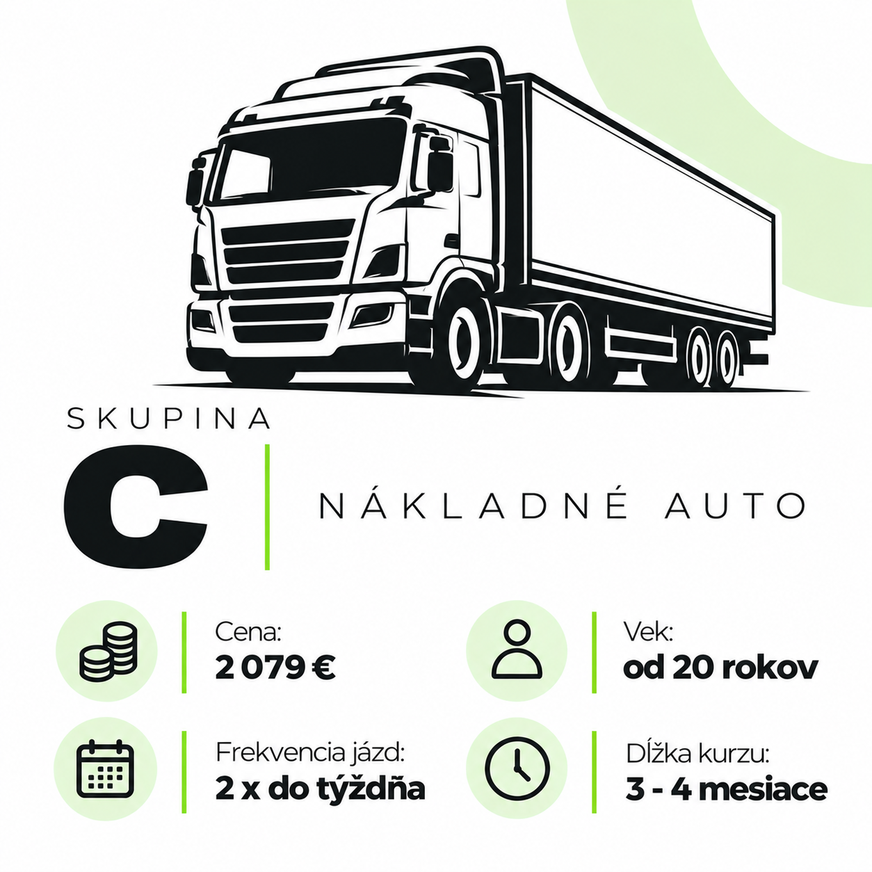 Skupina C, nákladné auto. Cena 2079 €, vek od 20 rokov.